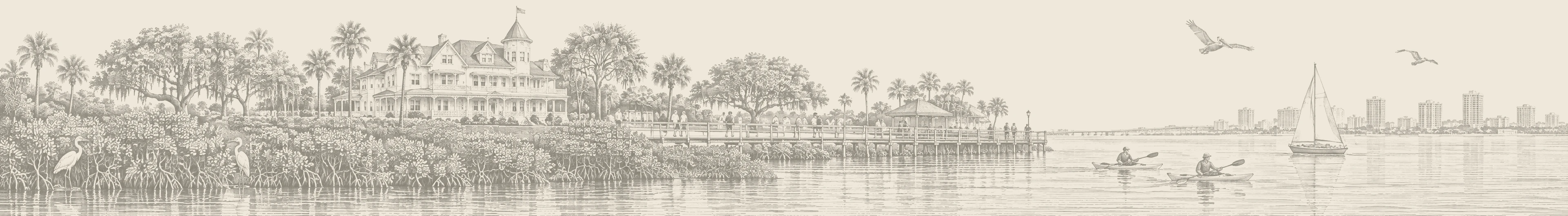 Engraving of the Tampa Bay Hotel minarets across the Hillsborough River