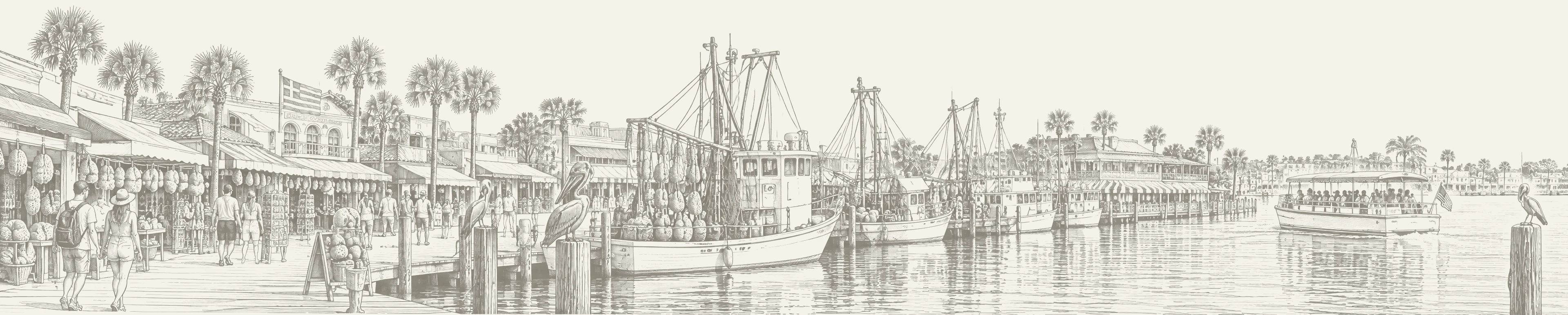 Engraving of the sponge boats at the Tarpon Springs sponge docks