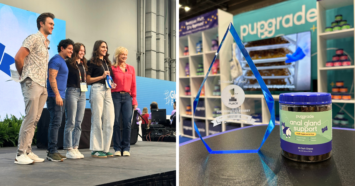 photo collage with one photo being a group of PupGrade members and announcers on stage and the other an upclose shot of the award and PupGrade product Anal Gland Support