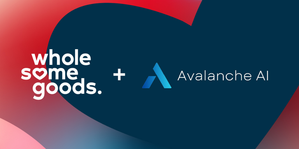 Wholesome Goods acquires Avalanche AI – image featuring both company logos on a red and navy heart-themed background, highlighting the integration of AI innovation into Wholesome Goods’ e-commerce and wellness brand operations.