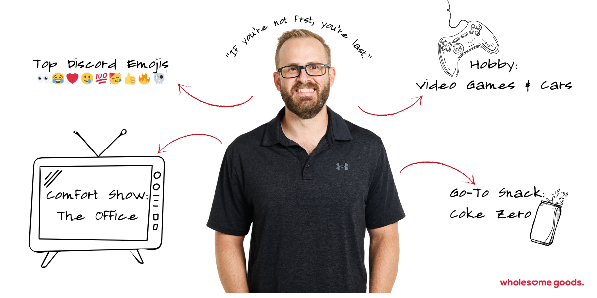 Chris Lindfield, Head of Marketing at Wholesome Goods, with fun fact doodles showing his top Discord emojis, comfort show The Office, favorite snack Coke Zero, and hobbies like video games and cars.