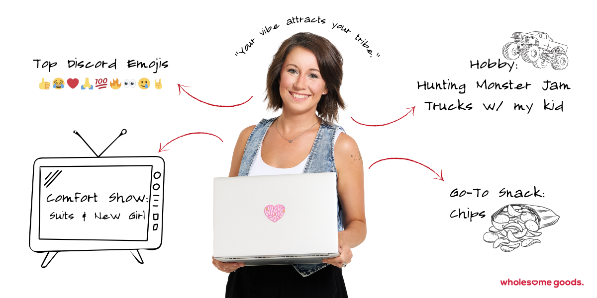 Samantha Ford, Director of Research & Content at Wholesome Goods, holding her laptop with doodles showing her favorite emojis, Monster Jam trucks, and snacks.