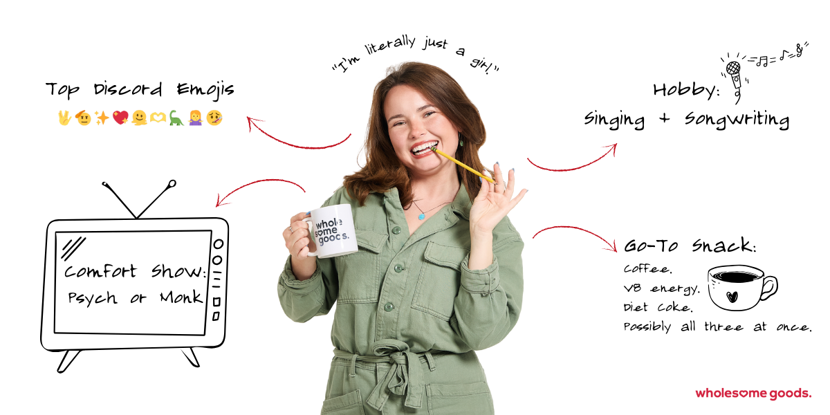Marge Hynes, Senior Content Writer at Wholesome Goods, holding a mug and pencil with doodles of her favorite emojis and quirks.