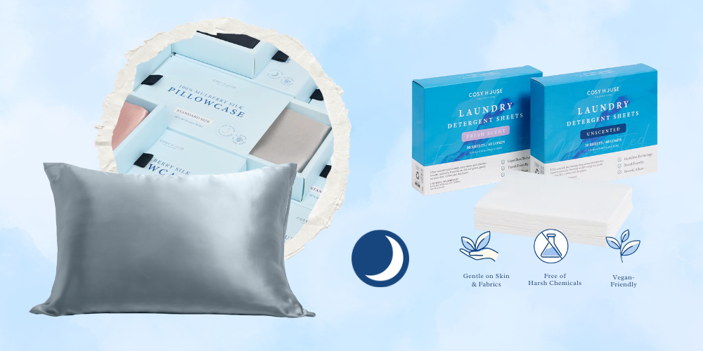 Wholesome Goods Cosy House silk pillowcase and laundry detergent sheets for better sleep and gentle cleaning