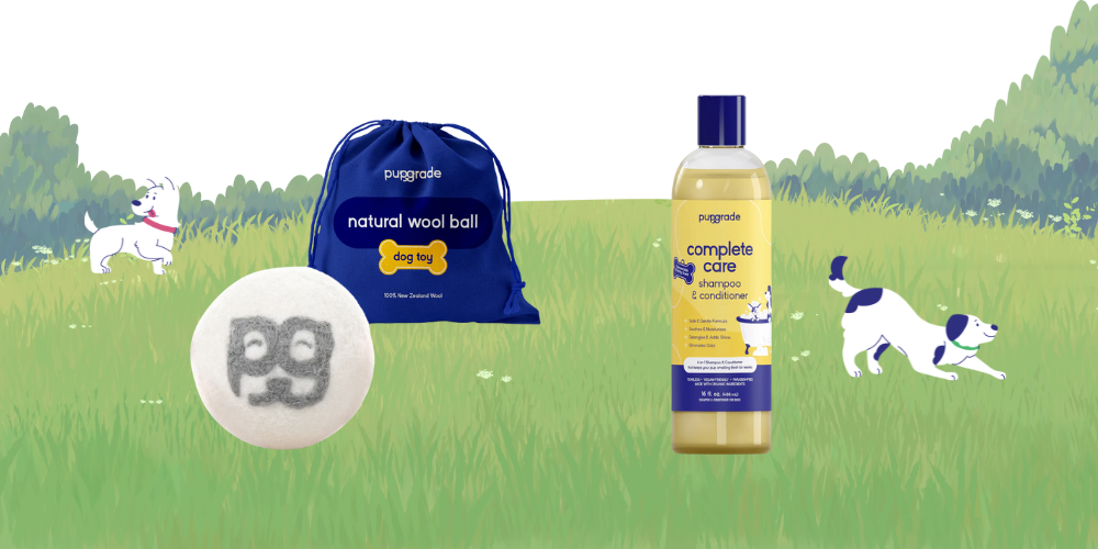 Wholesome Goods PupGrade natural dog shampoo and wool ball toy for healthy coat care and safe playtime