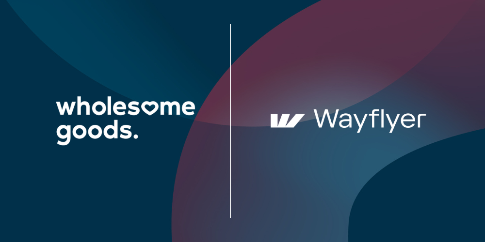 Wholesome Goods and Wayflyer partnership graphic featuring both company logos on a dark blue background with abstract shapes.
