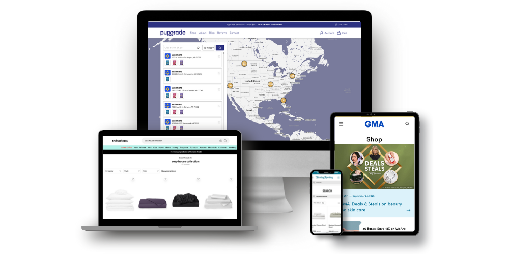 Mockup of websites on desktop, laptop, tablet, and phone screens, featuring PupGrade, Debenhams, and GMA Shop.