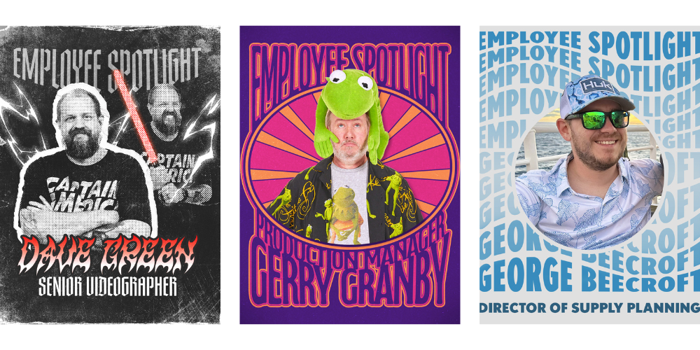 Three employee spotlight graphics featuring Dave Green, Gerry Granby, and George Beecroft.