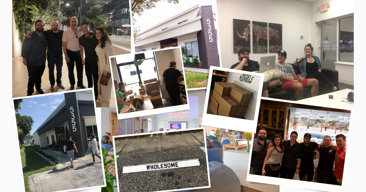 Early Wholesome Goods moments—founders/partners, first office scenes, packing/setup, and team gatherings.