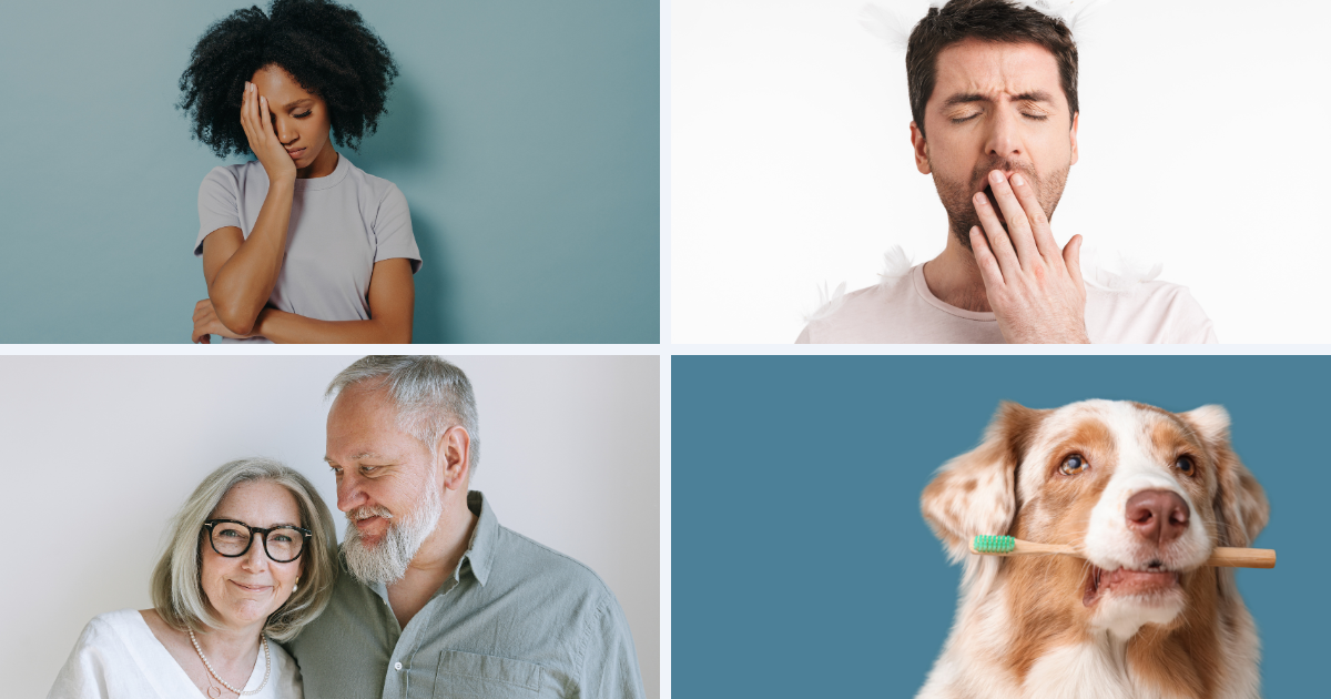 collage representing health and wellness trends, like stress, sleep, healthy aging, and pet wellness