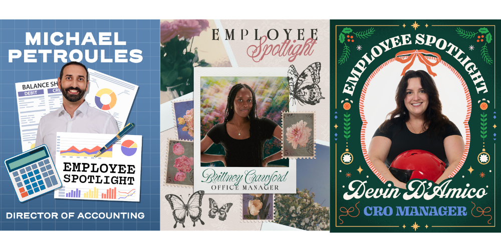 Wholesome Goods employee spotlight graphics featuring Michael Petroules, Brittney Crawford, and Devin D’Amico