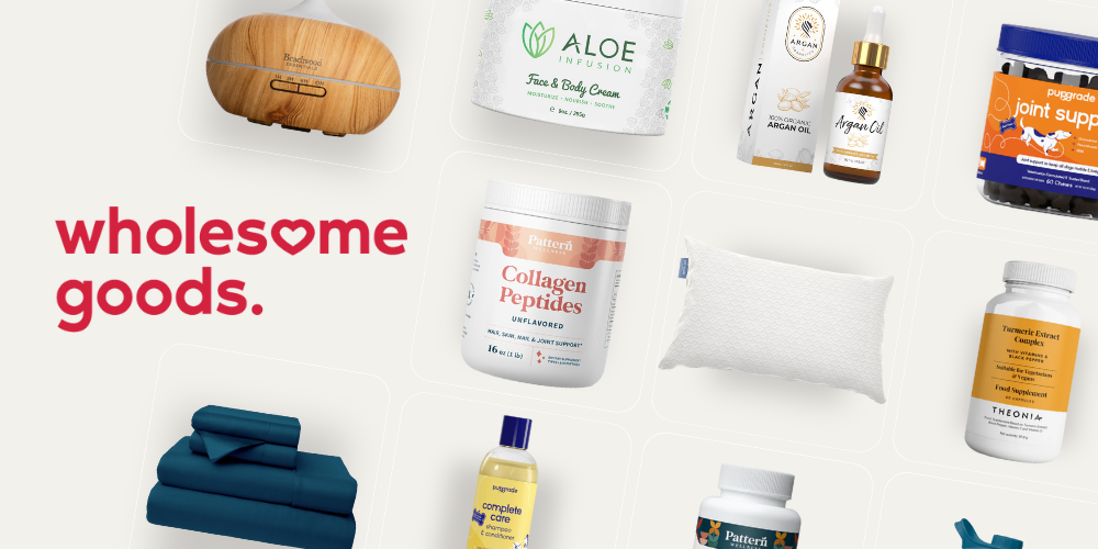 collage of wholesome brands products from supplements to home goods