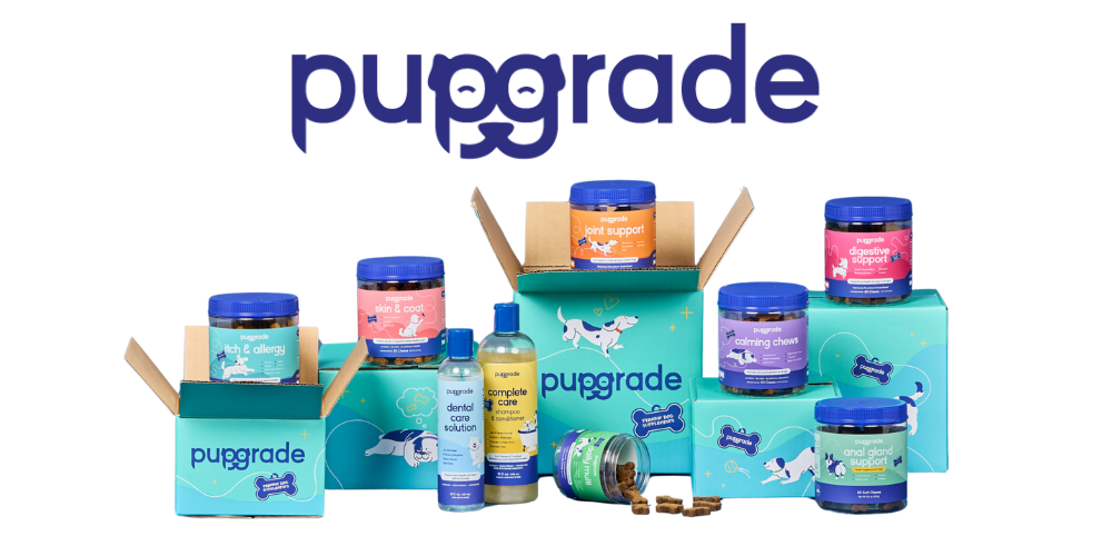 pupgrade logo with pupgrade supplement jars, bottles, and shipping boxes
