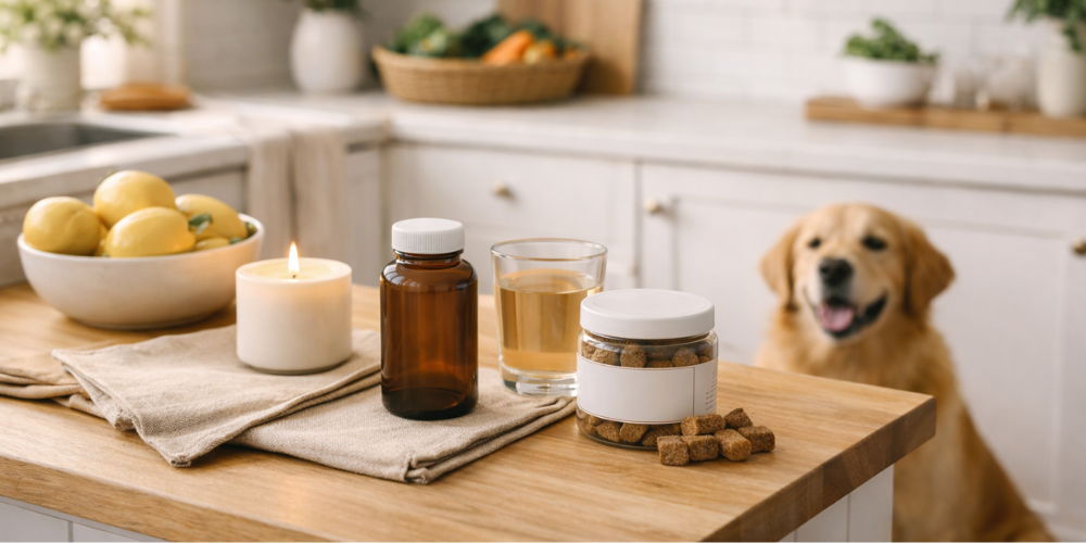 Dog in kitchen, looking at a counter of wellness products like supplements, dog soft chews, water, and other various items