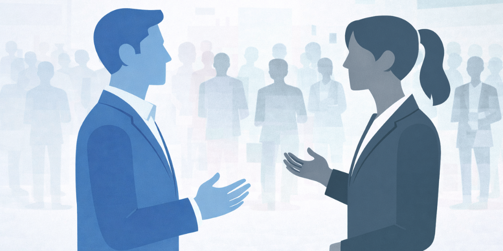 Illustration of retail buyer and brand representative discussing product distribution at an industry trade show