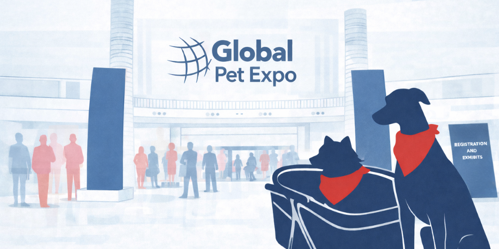 Illustration of Global Pet Expo trade show floor with pet industry professionals and dog owners attending the event