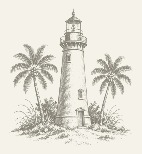 Engraved lighthouse on a sandy key