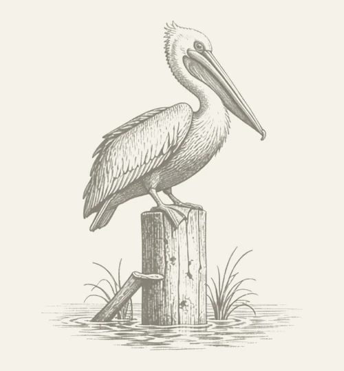 Engraved brown pelican on a dock piling